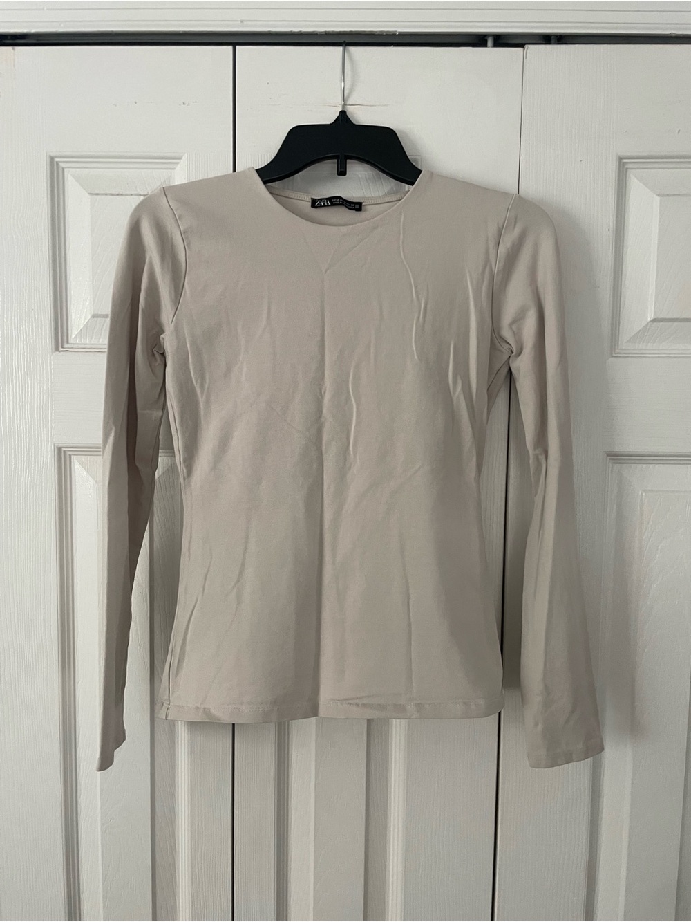 Zara Long-Sleeve Crewneck Top — Light Taupe